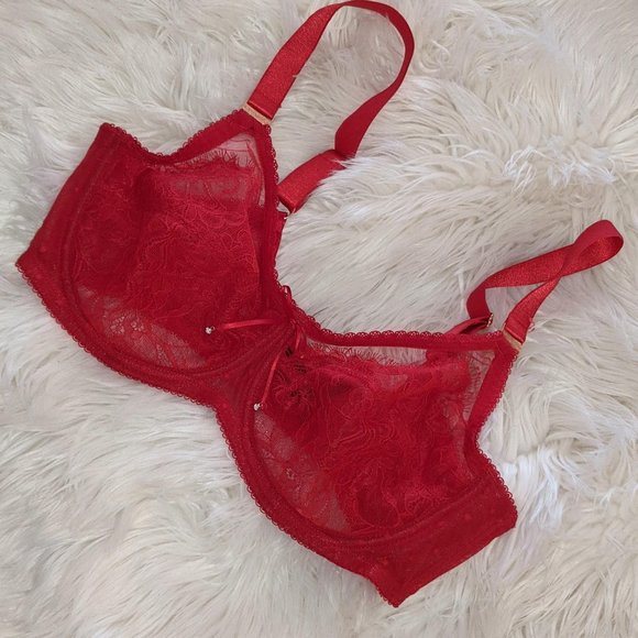 Red Unlined Lace Bra, 38C - Picture 1 of 4